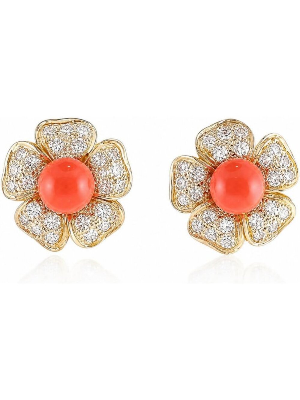 Stunning 1.50ct Orange Coral & Simulated Diamond Flower Stud Earrings in Gold